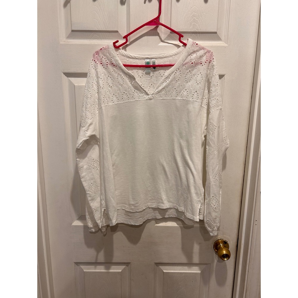 Aventura White Organic Cotton Eyelet Yoke Long Sleeve Top Womens Large Boho L